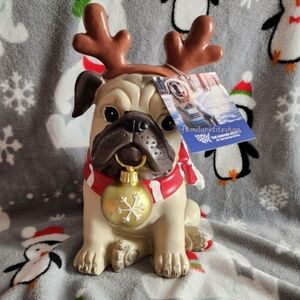 NWT Adorable Christmas Reindeer Pug Dog Figurine